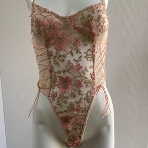 Embroidered Lace Bodysuit - Pink and Gold